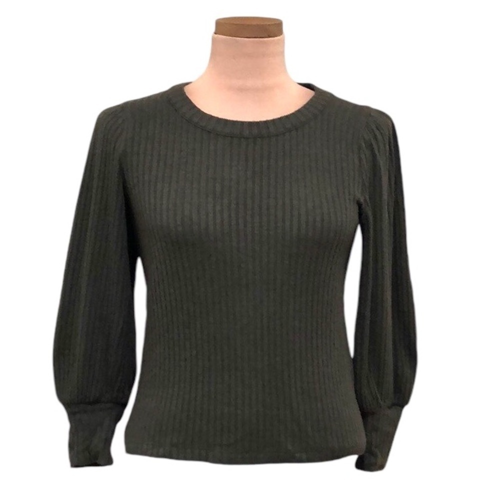 Madewell Brushed Rib Pleat-Sleeve Top Size XXS Olive Green Puff Sleeve